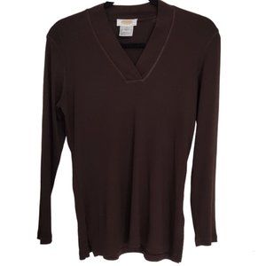 Talbots Ribbed 100% Pima Cotton Brown Long Sleeve V Neck Slit Hem Tunic Top SP